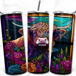 Highland vache vitrail 20 oz Skinny Tumbler modèle de conception de sublimation, téléchargement numérique, vitrail PNG, gobelet Nature animale