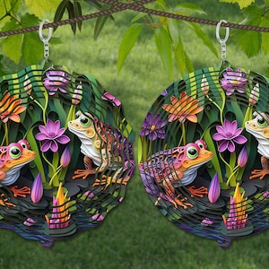 May include: A pair of round, layered frog-themed ornaments. Each ornament features two colorful frogs, water lilies, and other aquatic plants. The frogs have orange, pink, and green details. The background is a blurred green.