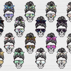 May include: A set of 18 digital clipart images featuring a skull with a messy bun and sunglasses. Each skull has a different patterned bandana. The images are in black and white with colorful patterns.