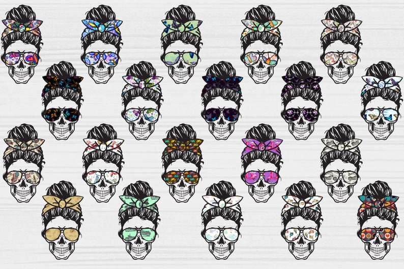 May include: A set of 18 digital clipart images featuring a skull with a messy bun and sunglasses. Each skull has a different patterned bandana. The images are in black and white with colorful patterns.