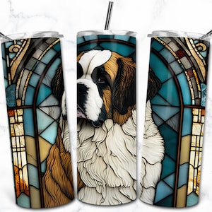 Modèle de conception de sublimation de gobelet maigre 20 oz vitrail Saint-Bernard, téléchargement numérique, vitrail chien PNG, emballage pour amoureux des animaux de compagnie