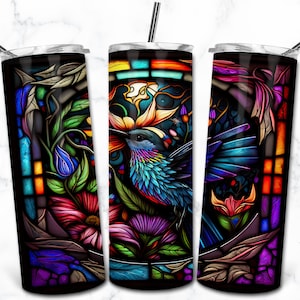 Hummingbird Stained Glass 20oz Skinny Tumbler Sublimation Design Template, Digital Download, Stained Glass PNG, Animal Nature Tumbler