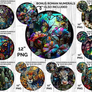 May include: A collection of 12-inch PNG digital clock faces with various designs. The clocks feature floral, animal, and nature-themed artwork, including butterflies, a camera, and a cow. Each clock face includes Roman numerals and a bonus set of Roman numerals.