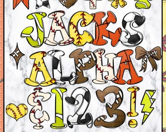 May include: Colorful alphabet letters and numbers with a sports theme. The letters are made of different sports equipment like baseballs, basketballs, and soccer balls. The letters are in a variety of colors, including red, yellow, blue, and green. The numbers are also made of sports equipment and are in the same colors as the letters. The letters and numbers are on a white background with a marble pattern. The text "Jacks Alpha 123!" is at the top of the image.