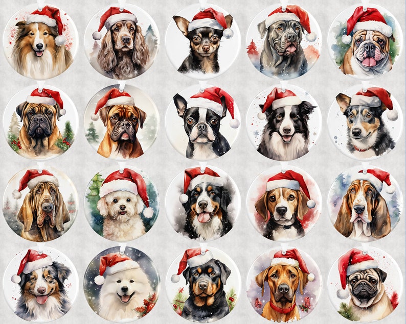 Pode incluir: Vinte e quatro ornamentos de Natal redondos com pinturas em aquarela de v&aacute;rias ra&ccedil;as de c&atilde;es usando chap&eacute;us de Papai Noel. Os ornamentos s&atilde;o brancos com um chap&eacute;u de Papai Noel vermelho e branco em cada c&atilde;o.