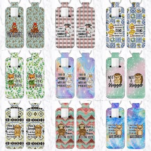 May include: A selection of hand sanitiser holders featuring quirky designs and quotes. Designs include chickens, cows, ducks, foxes, hedgehogs, sloths, and cats. Each holder has a loop for attaching to a keyring or bag.