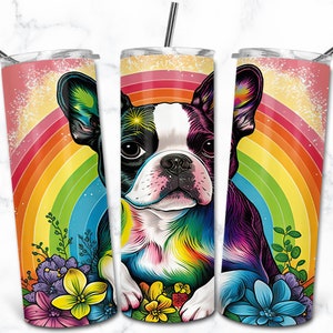 Plantillas de diseño de sublimación de vaso flaco de Boston Terrier de 20 oz, descarga digital para perros, envoltura de vaso para cachorros PNG, vaso de animales de la naturaleza