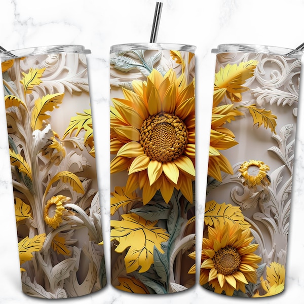 Sunflower Paper Quill 20oz Skinny Tumbler, 3D Flower Sublimation Design Templates, Paper Craft Tumbler Wrap PNG, 3 D Effect Tumbler