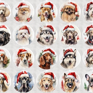 Pode incluir: Vinte e quatro ornamentos de Natal redondos com pinturas em aquarela de v&aacute;rias ra&ccedil;as de c&atilde;es usando chap&eacute;us de Papai Noel. Os ornamentos s&atilde;o brancos com um chap&eacute;u de Papai Noel vermelho e branco em cada c&atilde;o.