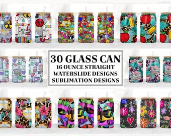 May include: A collection of 30 glass can tumblers with various designs, including science, school buses, apples, and crayons. Each 16-ounce tumbler features a straight design and is suitable for waterslide and sublimation designs. The tumblers have bamboo lids and straws.