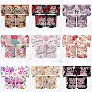 May include: A collection of white ceramic mugs with various floral and text designs. The mugs feature phrases like "My Standards," "I like my romance," and "You're such a f*cking good girl." The designs include flowers and decorative elements.
