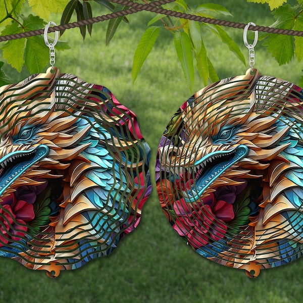 Dragon 3D Metal Wind Spinner Sublimation Design Template, 3D Wind Spinner SVG, 10 inch Round Sublimation, Round Hanging Spinners png