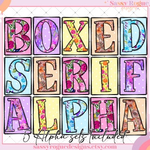 Paquete PNG de letras del alfabeto de doodle floral, imágenes prediseñadas del alfabeto de flores, doodle dibujado a mano con serif en caja, diseños de conjuntos alfa populares en colores pastel