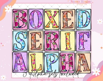 Floral Doodle Alphabet Letters PNG Bundle, Flower Alphabet Clipart, Boxed Serif Hand Drawn Doodle, Pastel Popular Alpha Set Designs