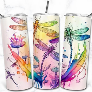 Dragonfly Watercolor 20oz Skinny Tumbler Sublimation Design Templates, Digital Download Straight Tumbler Wrap PNG, Nature Animal Tumbler