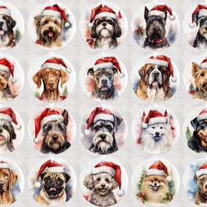 Pode incluir: Vinte e quatro ornamentos de Natal redondos com pinturas em aquarela de v&aacute;rias ra&ccedil;as de c&atilde;es usando chap&eacute;us de Papai Noel. Os ornamentos s&atilde;o brancos com um fundo cinza claro.