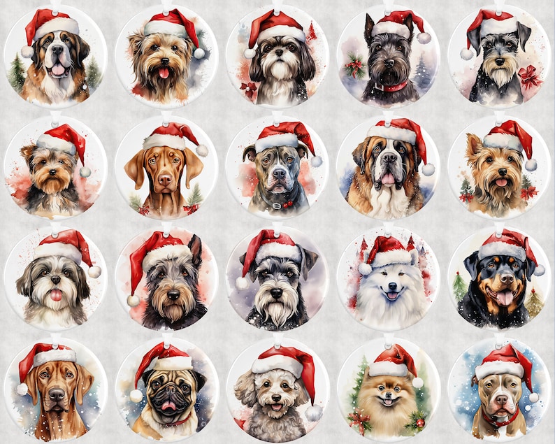 Pode incluir: Vinte e quatro ornamentos de Natal redondos com pinturas em aquarela de v&aacute;rias ra&ccedil;as de c&atilde;es usando chap&eacute;us de Papai Noel. Os ornamentos s&atilde;o brancos com um fundo cinza claro.