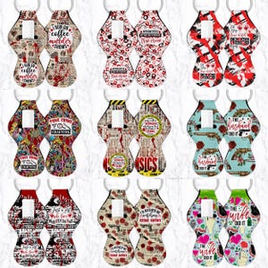 May include: A collection of nine pairs of neoprene hand sanitizer holders featuring various crime-themed graphic prints and text, including phrases like I Run On Coffee And Murder Shows, True Crime Crafting, and The Husband Did It, with metal key rings.