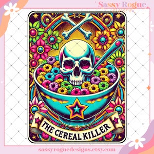 Cereal Killer grappige tarotkaart PNG, sarcastische vloekende skeletschedel, Snarky Witchy tarot, trendy sublimatieontwerp, humor voor volwassenen, sarcasme png