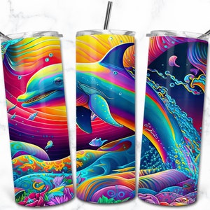 Delfin 20 Unzen Skinny Becher Sublimation Design, bunte Becher Wrap PNG, sofortiger digitaler Download, Regenbogen Alkohol Ink