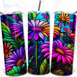 Gerbera Stained Glass 20oz Skinny Tumbler Sublimation Design Template, Digital Download, Flower Stained Glass, Floral Nature Tumbler