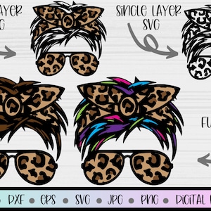 May include: Four digital cut files of a woman with a messy bun and leopard print headband and sunglasses. The files are labelled "Half Layer SVG", "Single Layer SVG", and "Full Layer SVG".