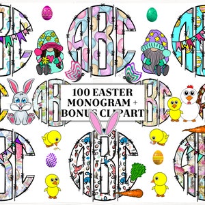 Paquete de monogramas de doodle de Pascua, imágenes prediseñadas a juego de monogramas, monograma de doodle redondo png, alfabeto de monograma, png de iniciales, fuente de monograma,