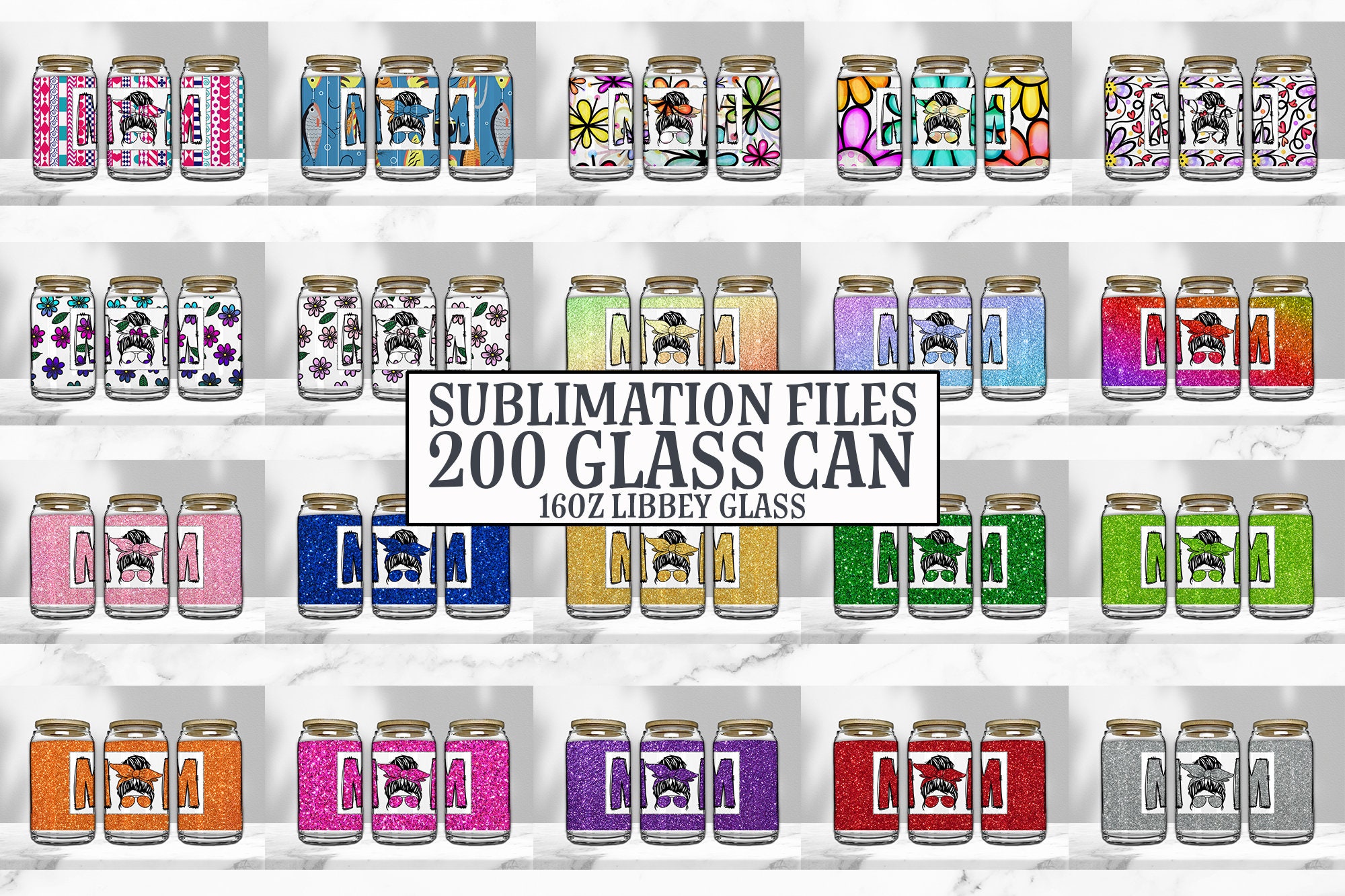 16oz Glass Can Tumbler Sublimation Design Bundle, Glass Can Wrap Png ...