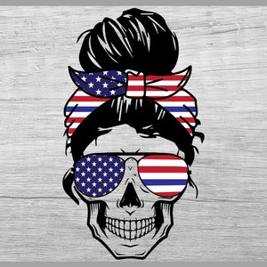 May include: A black and white graphic depicting a skull with sunglasses and a messy bun hairstyle. The sunglasses and headband are decorated with the American flag design. The skull's features are intricately detailed.