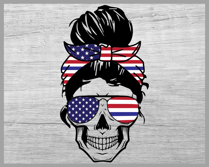 May include: A black and white graphic depicting a skull with sunglasses and a messy bun hairstyle. The sunglasses and headband are decorated with the American flag design. The skull's features are intricately detailed.
