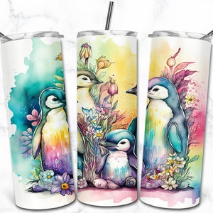Plantillas de diseño de sublimación de vaso flaco de acuarela de pingüino de 20 oz, descarga digital de envoltura de vaso recto PNG, vaso de animales de la naturaleza