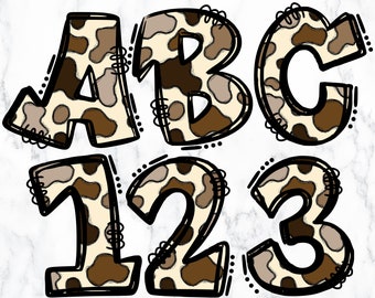 May include: A set of brown and beige alphabet letters and numbers with a camouflage pattern. The letters are A, B, and C. The numbers are 1, 2, and 3.