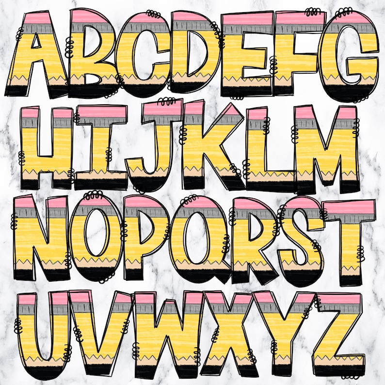 Blyertspenna Doodle Letters Alphabet PNG Bundle, Alfabet Clipart, Handritad Doodle för Lärare, Populära Sublimation Alpha Set Designs PNG bild 2