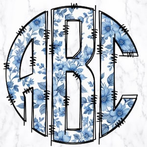 Letras de monograma de chinoiserie, letras de monograma de flores azules y blancas, bolsa de mano personalizada con nombre de sublimación de toile azul y flores azules