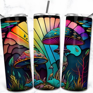 Modèle de conception de sublimation de gobelet maigre 20 oz de vitrail champignon, téléchargement numérique, vitrail PNG, gobelet Nature animale