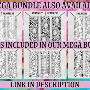 May include: A digital download of 9 sublimation designs for tumblers. The designs include a honeycomb pattern with bees, sunflowers, a bingo card, coffee cups, and elephants. The designs are black and white and are labeled "straight" and "seamless".