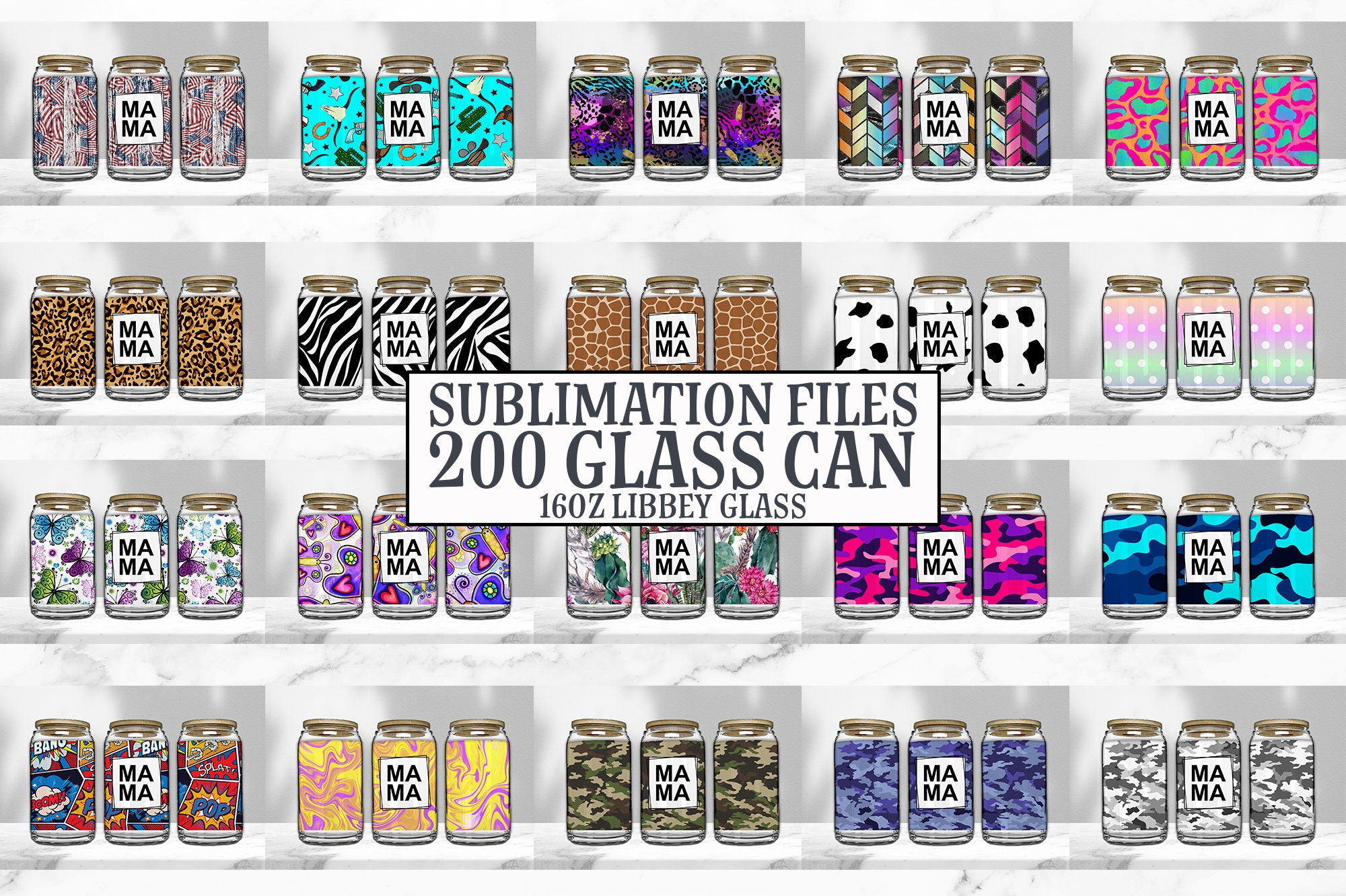 16oz Glass Can Tumbler Sublimation Design Bundle, Glass Can Wrap Png ...
