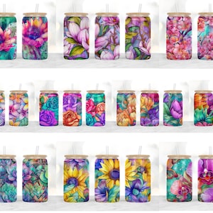 Floral 16oz Glass Can Tumbler Sublimation Design Bundle, Glass Can Wrap png, Libbey Can Template, 16oz Libbey Wrap PNG.
