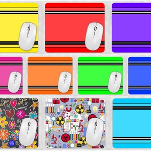 May include: A collection of colorful mouse pads with white wireless mice. The pads feature various designs, including solid colors with black stripes, a floral pattern, and a science-themed design with lab equipment and radiation symbols.