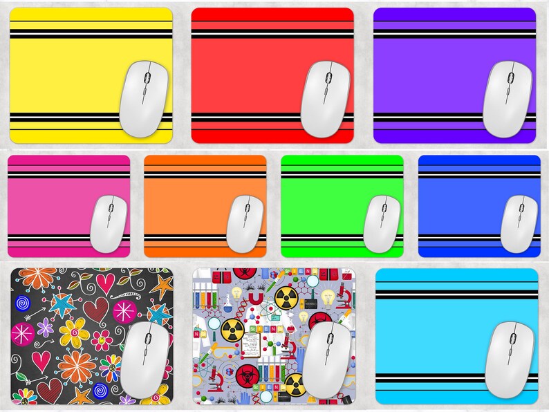 May include: A collection of colorful mouse pads with white wireless mice. The pads feature various designs, including solid colors with black stripes, a floral pattern, and a science-themed design with lab equipment and radiation symbols.
