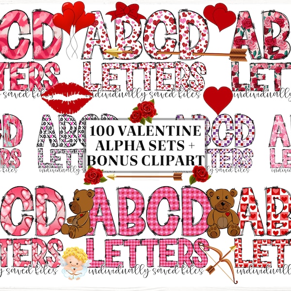 Valentines Doodle letters with Clip Art PNG, Valentine's Doodle Alphabet,Valentine's Day Alphabet PNG, Valentines Letters,Make your own name