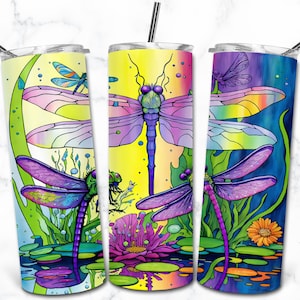 Dragonfly Watercolor 20oz Skinny Tumbler Sublimation Design Templates, Digital Download Straight Tumbler Wrap PNG, Nature Animal Tumbler