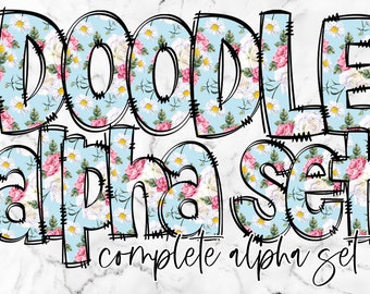 Pacchetto PNG con lettere dell'alfabeto floreale, Clipart dell'alfabeto, Doodle disegnato a mano floreale, scenografie PNG di sublimazione alfa