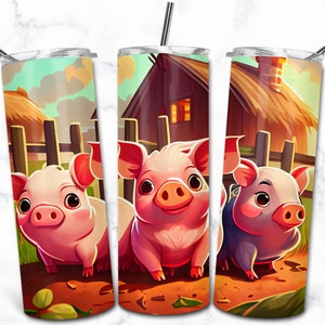 Plantillas de diseño de sublimación de vaso flaco de 20 oz de cerdos, descarga digital linda, envoltura de vaso de dibujos animados PNG, vaso para niños,