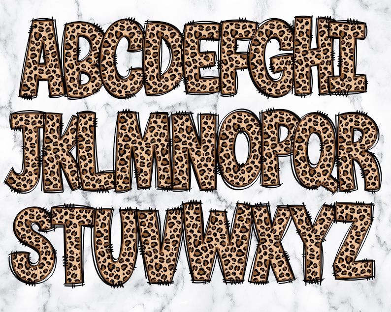 May include: A set of uppercase letters A through Z with a leopard print pattern. The letters are outlined in black and have a slightly distressed look.