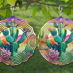 Modelo de design de sublimação de aquarela de cacto Wind Spinner, Wind Spinner SVG, sublimação redonda de 10 polegadas, giradores redondos suspensos png,