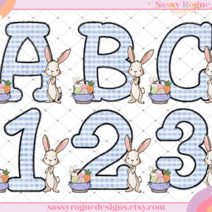 May include: Blue and white gingham alphabet and number cutouts with bunny illustrations. The letters are A, B, C, 1, 2, and 3. Each letter and number has a bunny holding a basket of Easter eggs.