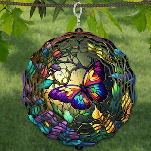 Butterfly Wind Spinner Stained Glass Sublimation Design Template, Wind Spinner SVG, 10 inch Round Sublimation, Round Hanging Spinners png,