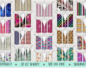 May include: A set of 20 oz skinny sublimation tumbler designs. The designs include a variety of patterns, including abstract, geometric, floral, and animal prints. The tumblers are perfect for adding a personal touch to your everyday drinks.