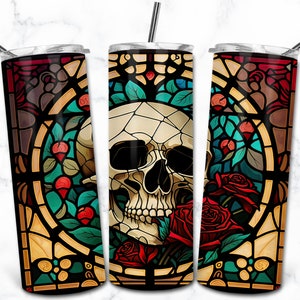 Tête de mort Roses vitrail 20oz Skinny Tumbler Sublimation Design Template, Digital Download Straight Tumbler Wrap PNG, Vitrail PNG